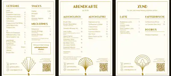 Glarner Kaffee Hauptkarte, Abendkarte und XUND Spezialkarte